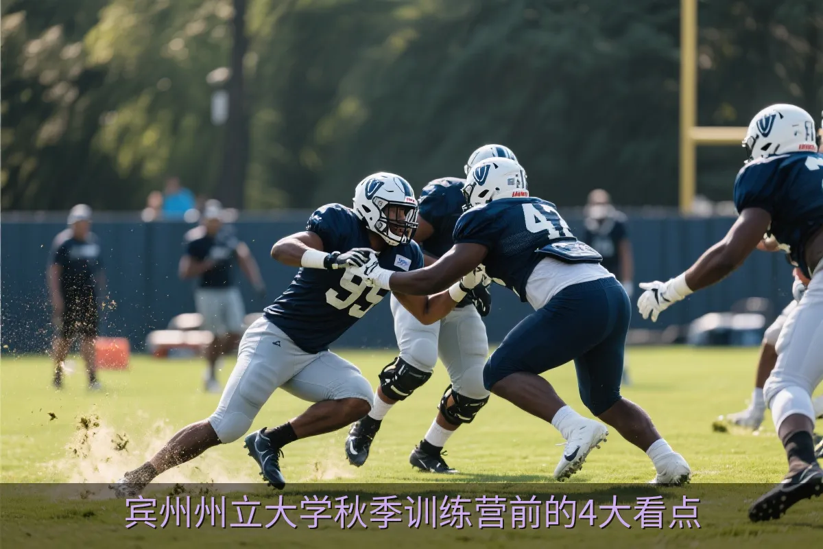 大学橄榄球防守球员在秋季训练中进行对抗练习