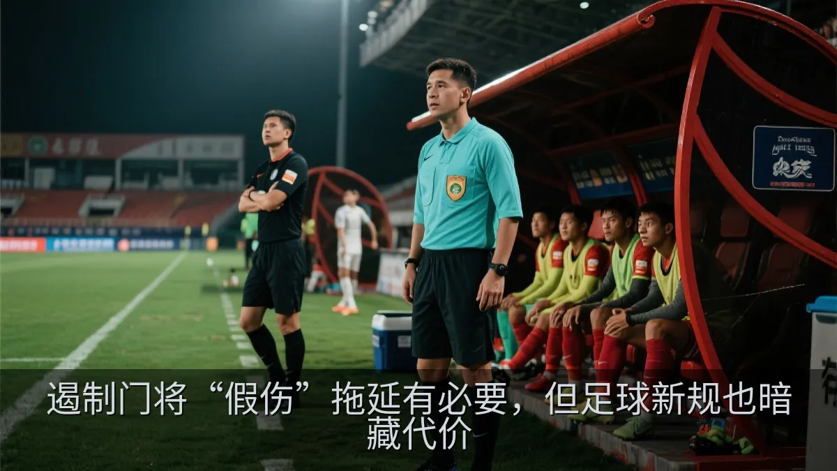 足球场边的第四官员与替补球员观察比赛
